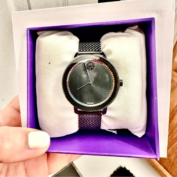 Movado bold rainbow crystal watch rare. New in box with free designer scarf - Picture 7 of 8